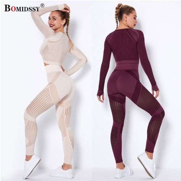 

yoga outfit women's seamless mesh sports long sleeve t-shirt striped fitness pants set workout high waist elastic leggings