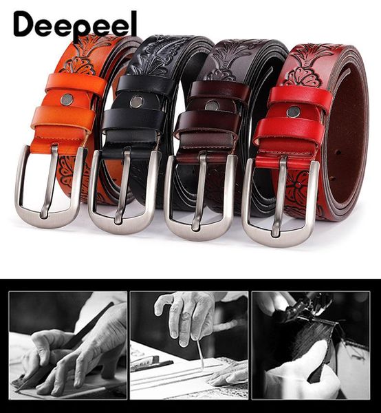 

belts deepeel 1pc 3.8*105-125cm men's genuine leather cowhide belt embossed male designer crafts pin buckles waistband, Black;brown