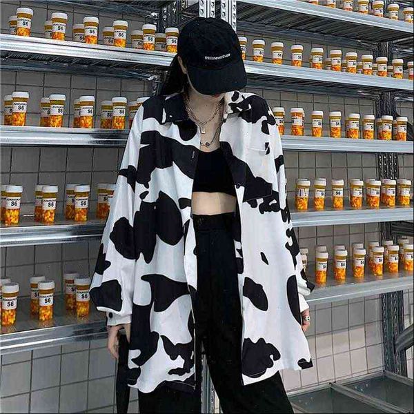 

deeptown cow print korean womens shirts style fashion autumn button up loose long sleeve leisure, White