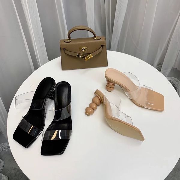 

elegant women slippers high heels beige/black open toe round heels jelly shoes pvc transparent fashion party wedding shoes woman 210513
