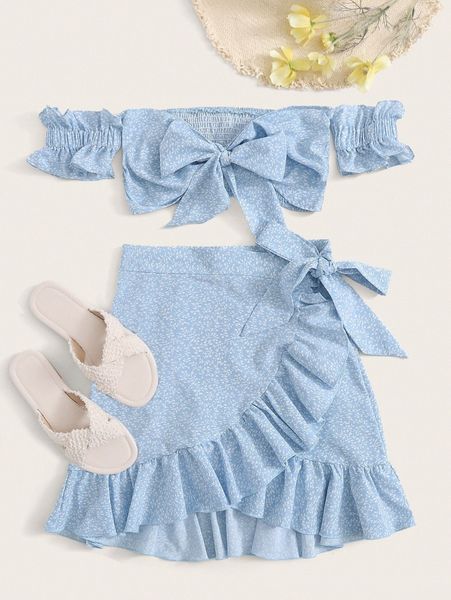 

tie front shirred back bardot and ruffle skirt set 65ac#, White
