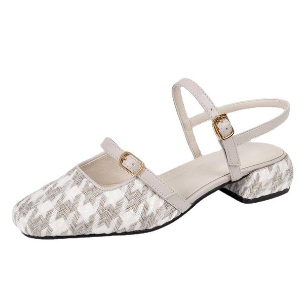 

sandals real leather women square toe thick heel slip on shoes two buckles ladies footwear summer fashion, Black