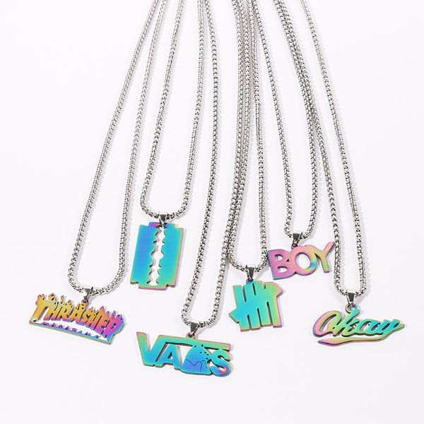 

pendant necklaces quenched hip-hop magazine boy bear okay razor blade necklace letter stainless steel flame rock men dj rapper jewellery, Silver