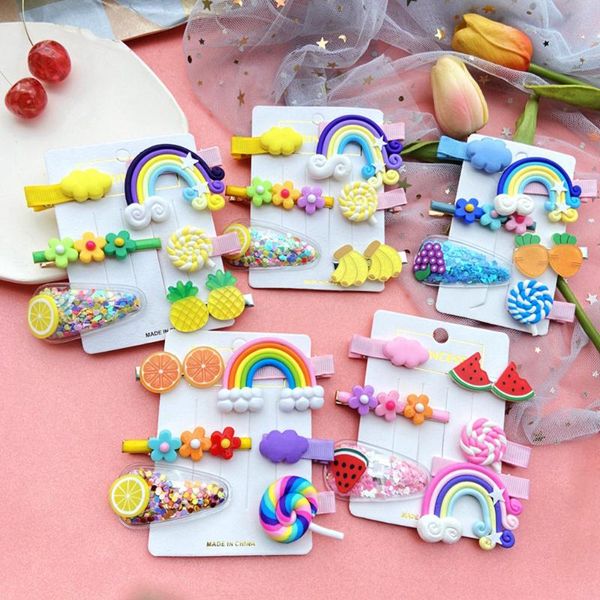 

6pcs/set girls cute cartoon rainbow cloud hair clips kids lovely hairpins headband barrettes fashion accessories, Slivery;white