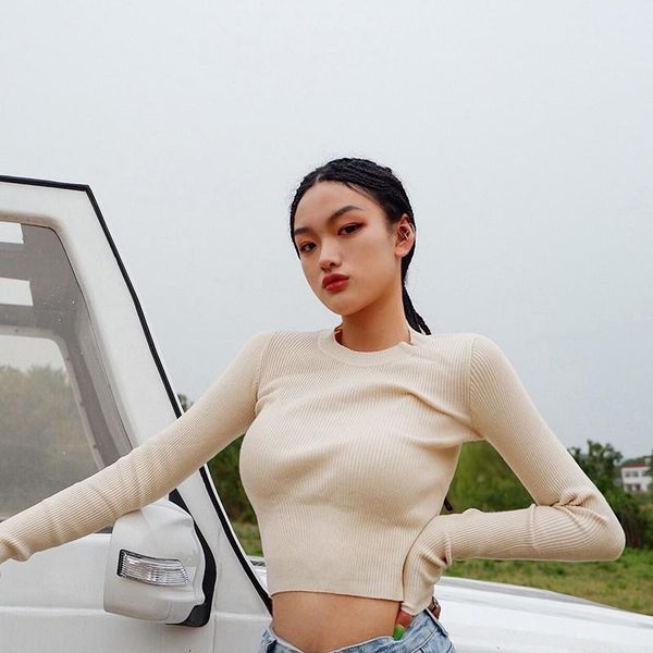 

women's sweaters 2021 winter round neck solid color bottoming knitted sweater women, slim slimming umbilical long-sleeved women, White;black