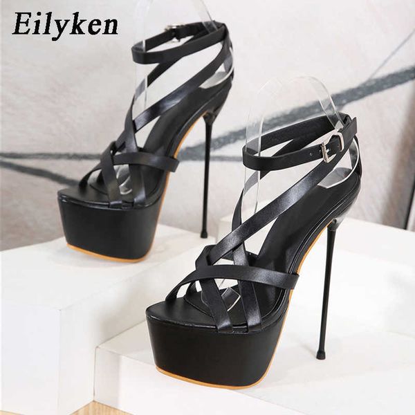 Eillken Fashion Black N Band Open Toe Stiletto Высокие каблуки Пряжка Пряжки Женские Сандалии Летняя платформа 210624