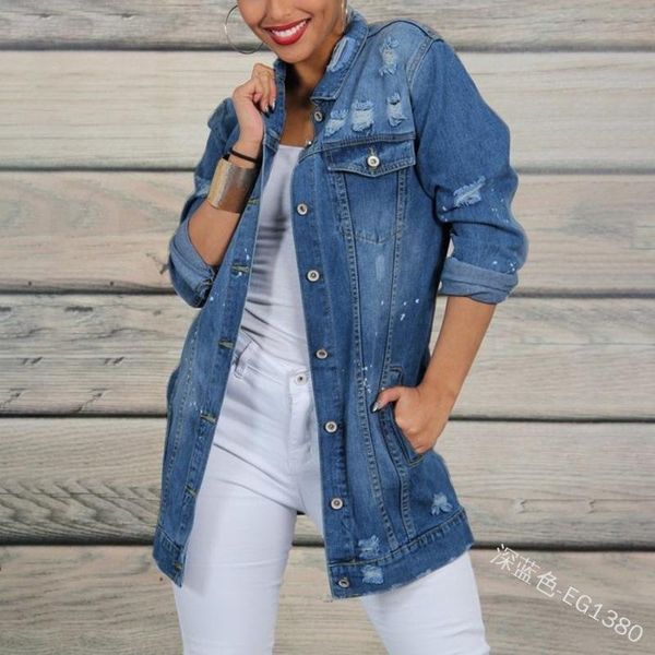 

women's jackets wepbel mid-length button denim jacket fashion casual ripped jeans coat plus size solid color washed, Black;brown