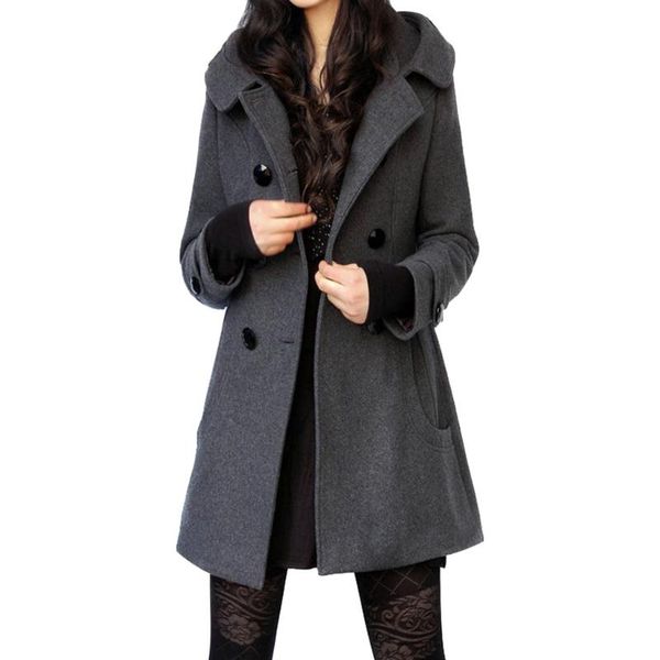 

double-breasted blend coat tide autumn and winter turn-down collar casual medium long wool hooded thick abrigo mujer women's & blends, Black