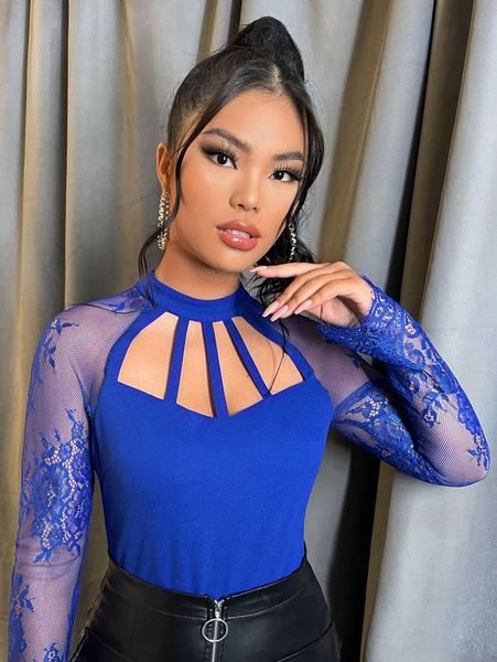 

sheer lace yoke cut-out tee 92i0#, White