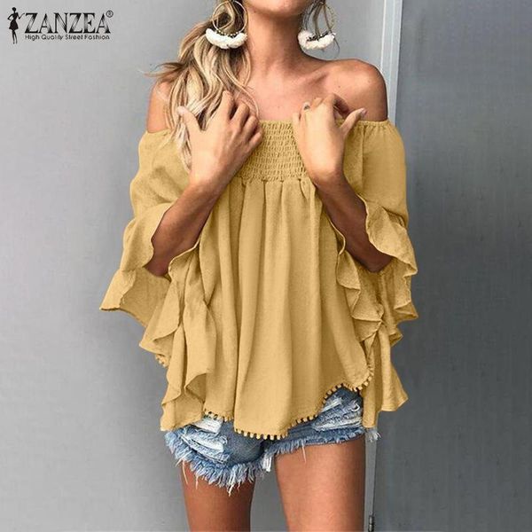 

women's blouses & shirts high low retro women holiday party 3/4 flare sleeve blouse spring oversize shirt casual off shoulder smo, White