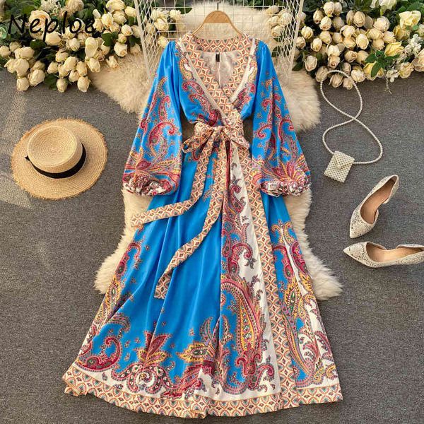 Neploe Vintage Print Holiday Bohemian Dress Donna Vita alta Lace Up Slim Maxi Abiti con scollo a V Manica lunga Abiti Mujer 94992 210422