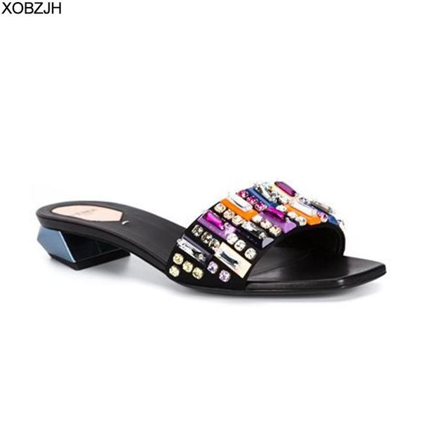

summer flat sandals women shoes luxury 2021 brand black red yellow rhinestone designer leather slippers woman