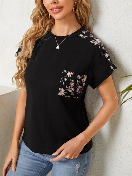 

floral print patch pocket raglan sleeve tee u3pk#, White