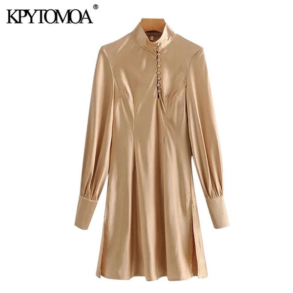 

women chic fashion with buttons side vents cozy mini dress vintage high neck long sleeve female dresses vestidos 210420, Black;gray