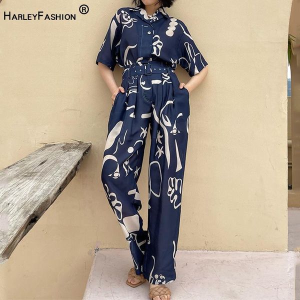 

women's two piece pants harleyfashion women elegant high street suits short sleeve blouse loose trousers printing quality pieces sets, White