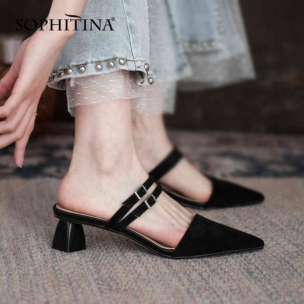 

sophitina women slippers concise comfort strange style genuine leather slippers pointed toe buckle fashion ladies shoes ao882 210513, Black