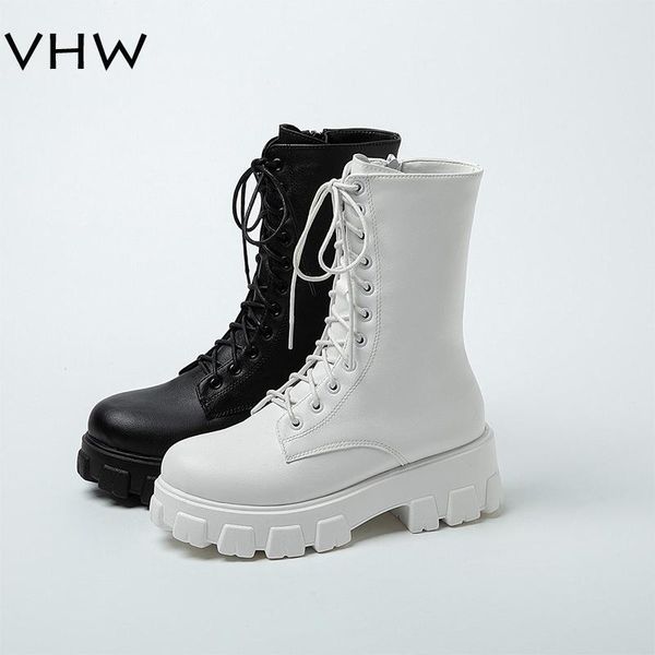 

boots women white 2021 autumn high platform gothic shoes black combat winter warm plush mid calf size 35-43