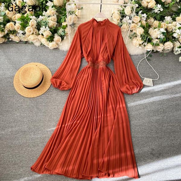 

casual dresses gagaok women dress 2021 spring autumn o-neck puff sleeve vintage solid full long slim fashion chic wild vestidos, Black;gray