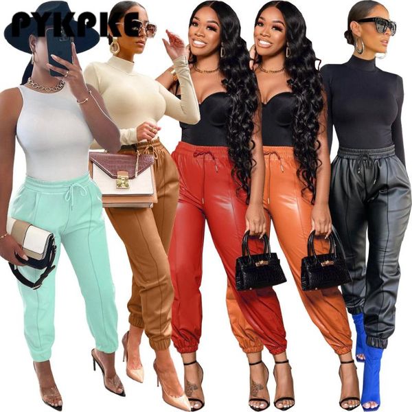 

women's pants & capris vintage drawstring pu leather joggers women harem trousers solid color high waist slim long elegant lady sweatpa, Black;white