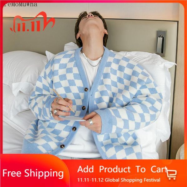 

men's sweaters autumn and winter checkerboard lattice loose casual knitted cardigan single-breasted outer wear couple jacket, White;black