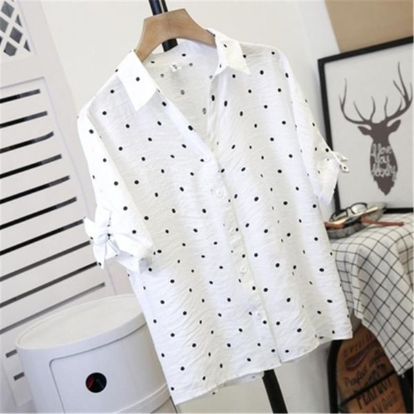 

women's blouses & shirts 2021 fashion summer sell cotton plus size 4xl women short sleeve with bow polka dot white blue blouse