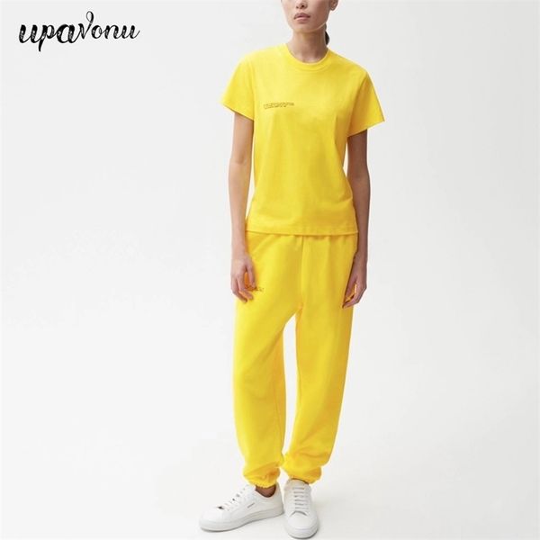 

women's sports pants set round neck short sleeve t-shirt and long letter two-piece sportswear 210524, White