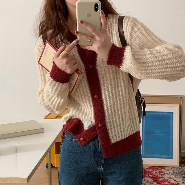 

women's knits & tees vintage sweet color matching knit sweater cardigan 2021 autumn buttoned o neck korean jacket women elegant, White