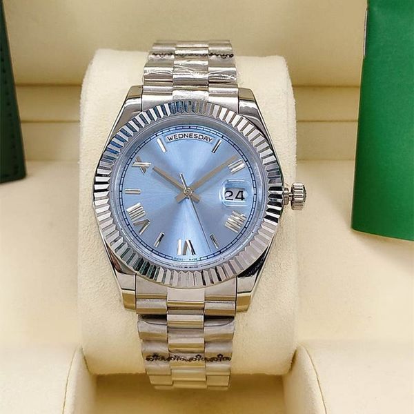 

watches mechanical wristwatches automatic watch, 41mm classic roman face, stainless steel waterproof week calendar folding buttons, Silver