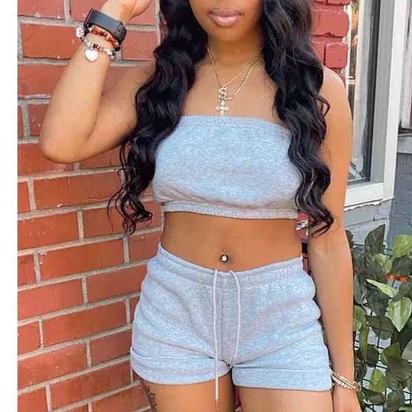 

women's tracksuits hirigin 2021 women solid color clothes set, sleeveless strapless cropped + drawstring short pants fashion sets, Gray
