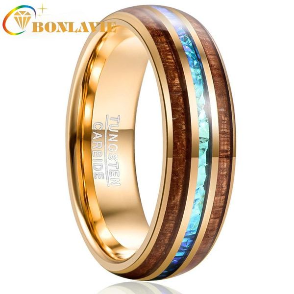 

wedding rings bonlavie engagement for men's gift 8mm wide electroplated gold inlaid acacia imitation opel dome tungsten steel ring jewe, Slivery;golden