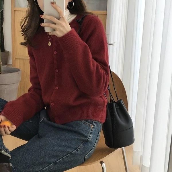 

women's knits & tees autumn 2021 purple knitted cardigan short raccoon velvet sweater coat round neck spring and autumn., White