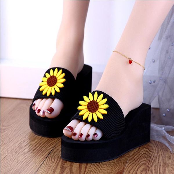 

summer fashion women casual flower slippers ladies sandals indoor outdoor flip flops beach shoes, Black