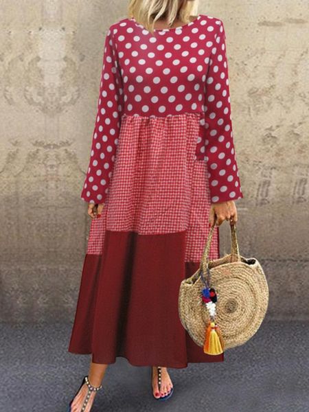 

patchwork polka dot plaid long sleeve autumn vintage woman dresses causal dress o-neck casual maxi 4xl female vestido, Black;gray