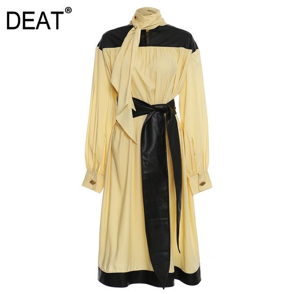 

women yellow ruched sashes big size midi dress pile collar long sleeve loose fit fashion tide spring autumn sf674 210421, Black;gray