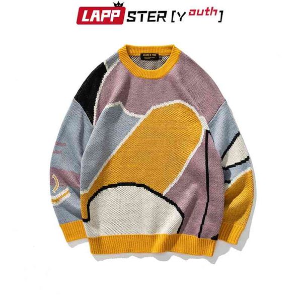 

men cartoon patcchwork winter wool sweater pullover mens o-neck knitted women korean casual clothes 210420, White;black