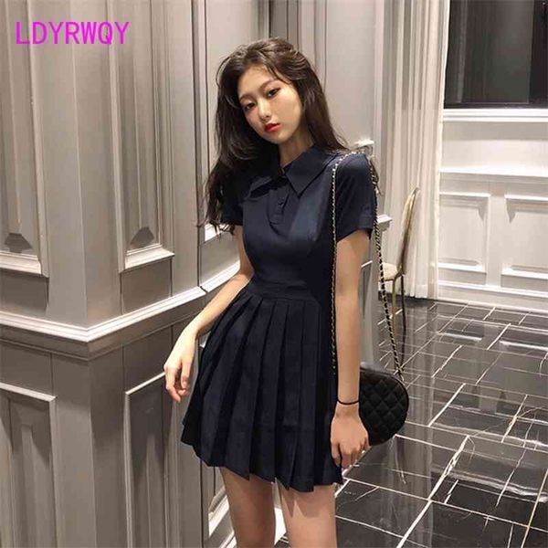 

[ldyrwqy] temperament slim dress female spring and summer short-sleeved waist long office lady turn-down collar 210416, Black;gray