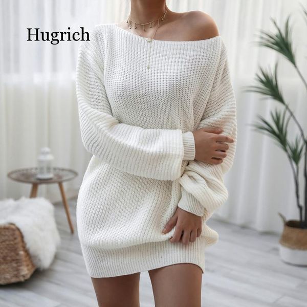 

off shoulder knitted sweater dresses for women 2021 autumn winter lantern long sleeve dress ladies casual pink white gray, Black;gray