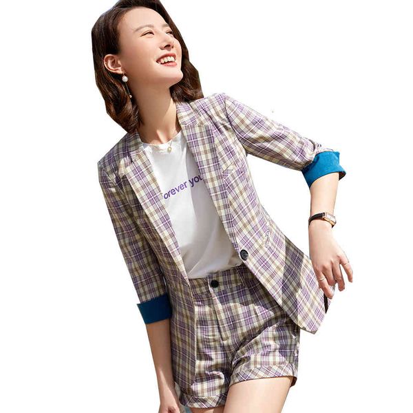 

women's suits & blazers fashion women new 2 piece set pant suit for summer three quarter sleeve purple blue plaid blazer jacket and tro, White;black