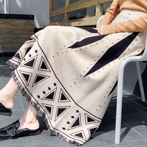 

winter retro geometric a-line long knitted skirts tassels cashmere blend warm long knit skirts 211120, Black