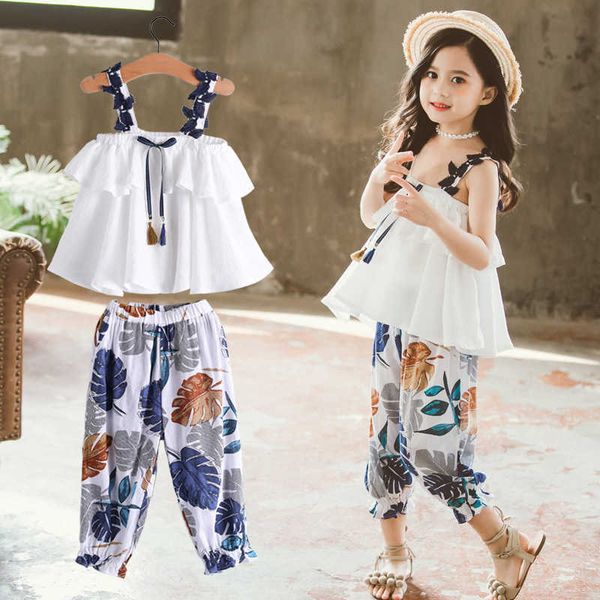 Kızlar Giyim Set Çocuklar Moda Kız 2020 Şifon Jartiyer + Çiçek Pantolon 2 Adet / Takım Elbise Kızlar Yaz Kıyafetler 4 6 8 10 12 Yaşında X0902