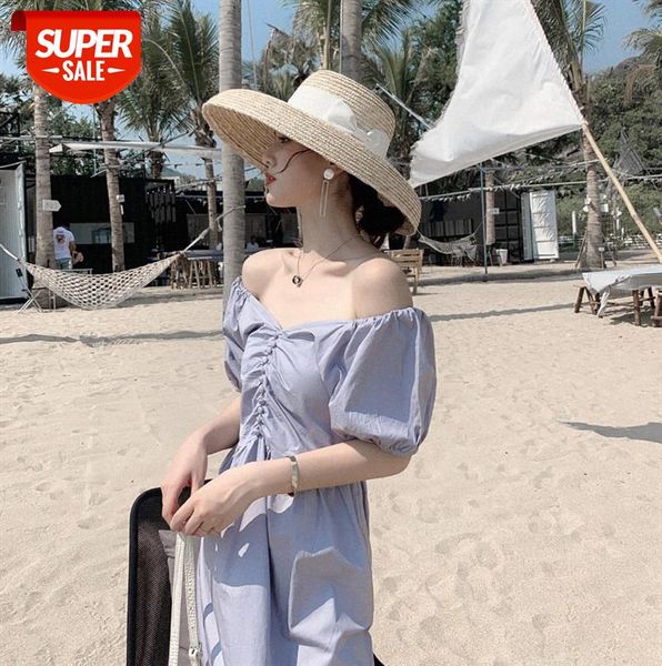 

summer super beautiful fashion french retro one-neck v-neck strapless high waist mid-length dress vacation girl #0f87, Black;gray