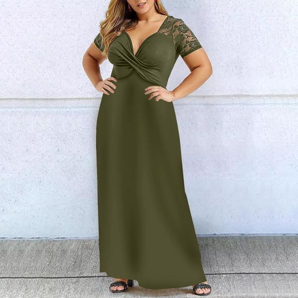 

casual dresses 5xl plus size black 2021 summer women's fashion solid short sleeve lace ankle-length v-neck party dress, Black;gray