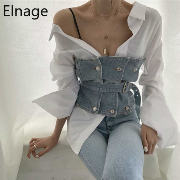 Estate Sexy senza spalline a maniche lunghe Camicetta bianca Camicie Cintura Denim Gilet senza maniche Bottoming Wrap Chest Top Out Wear 5B391 210610