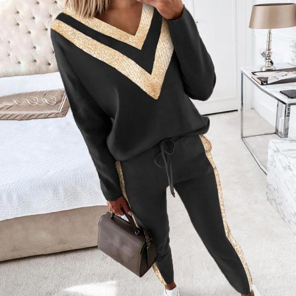 

women's two piece pants 1 set sweatshirt sweatpants bead patchwork drawstring women loose long sleeve pullover, White