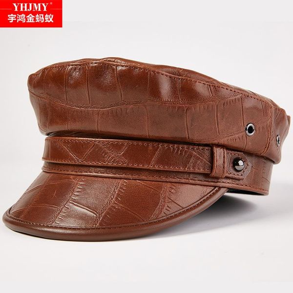 

autumn and winter middle aged old locomotive men's leather rock navy cap captain's outdoor flat women's caps & hats, Yellow