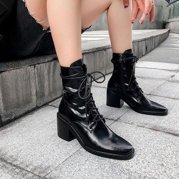 

boots heels, short boots, retro british style, thick bottom, middle tube, handsome motorcycle leather knights', Black