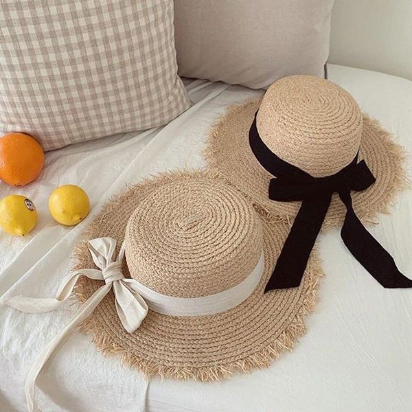 

wide brim hats &dolphin women summer french lace raffia straw hat black white ribbon cap temperament flat hepburn big eaves sunhat vacation, Blue;gray