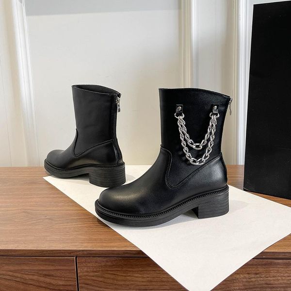

boots winter fashion metal decorative women british style black motorcycle square heel platform ladies ankle