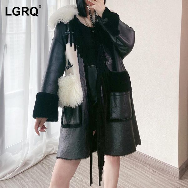 

women's leather & faux [lgrq] korean style fashion spliced mid-long fur collar long sleeve pu jacket women coat tide autumn winter 2021, Black