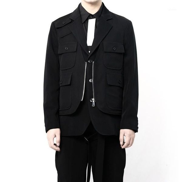 

men's suits & blazers suit zipper stitching double layer dark tie multi-pocket, White;black